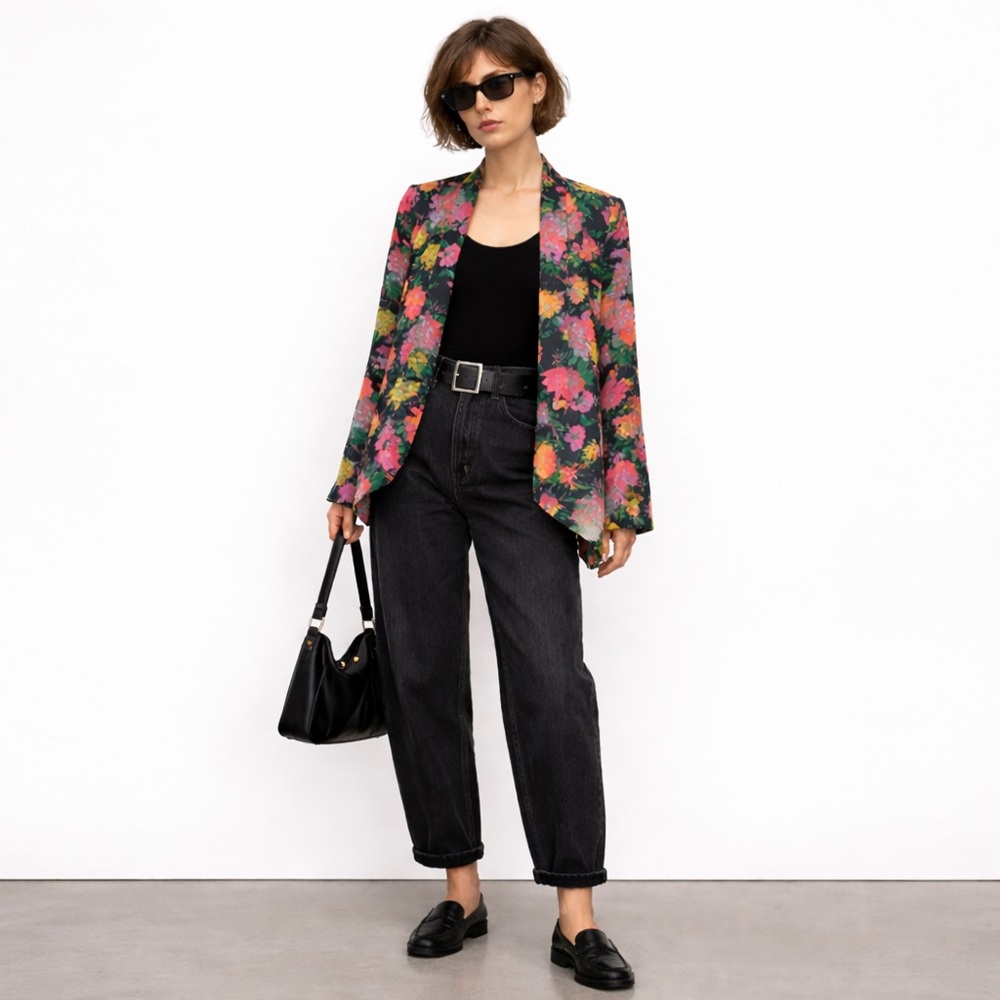 Cartonnier Anthropologie Floral Blazer Women's M Black Pink Lightweight